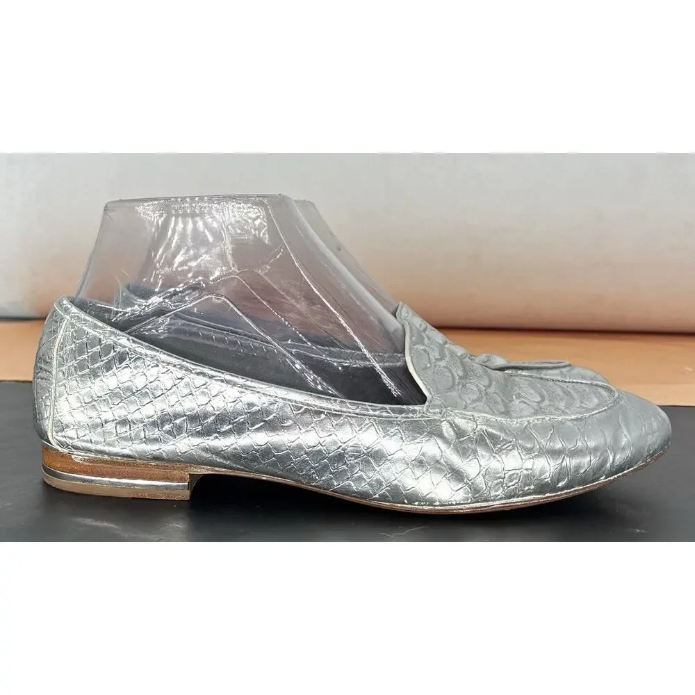 Michael Kors Silver Embossed Stacked Heel Italian sole Minimalist Flat 37 Us 7
